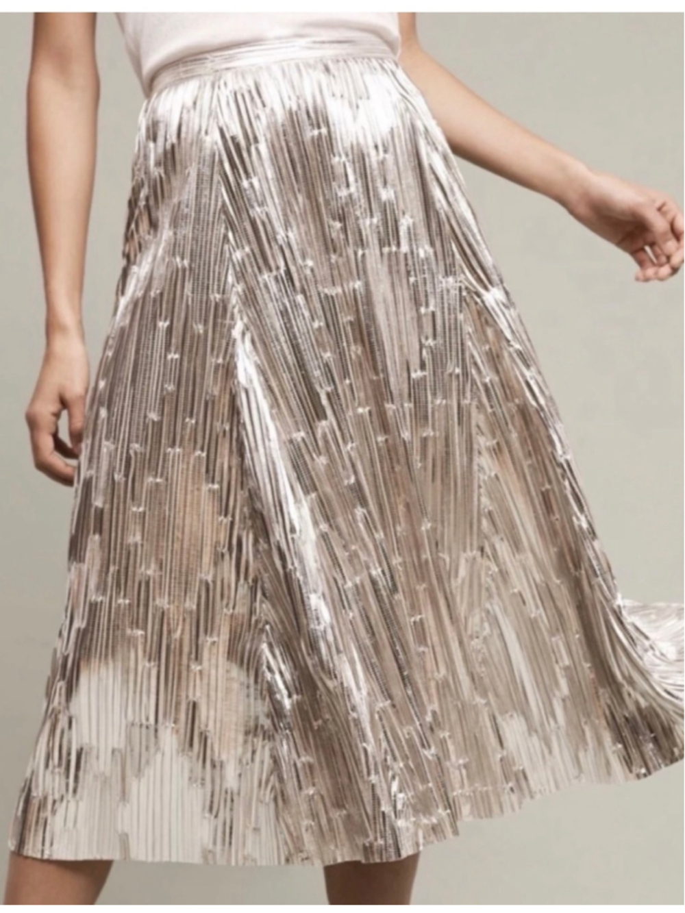 Maeve by Anthropologie Metallic Silver Pleated Midi Skirt Size 6
